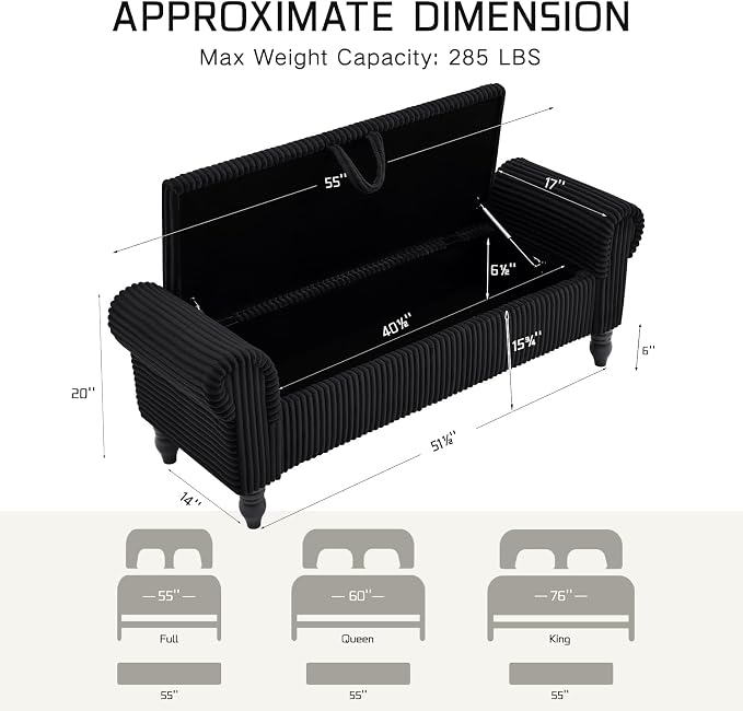 55" Storage Bedroom Bench for End of Bed, Storage Ottoman with Rolled Arms for Bedroom, Living Room, Entryway (Black)