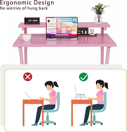 COTUBLR Small Desk, 27.5 Inch Small Computer Desk for Spaces, Computer Desks with Adjustable Monitor Stand, Compact Desks with Storage, Tiny Study Table for Bedroom Home Office, Pink