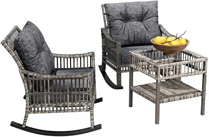 Patio Furniture Set, 3-Piece Wicker Rocking Chair & Coffee Table, Outdoor Conversation Set for Backyard, Small Patio, Porch