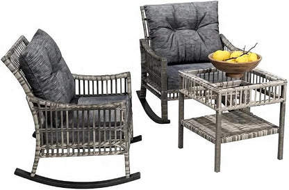 Patio Furniture Set, 3-Piece Wicker Rocking Chair & Coffee Table, Outdoor Conversation Set for Backyard, Small Patio, Porch
