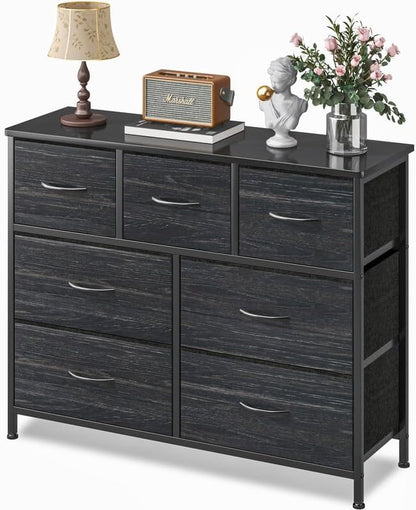 Fabric Dresser for Bedroom One-Piece 7 Drawer Dresser Steel Frame Wide Fabric Storage Tower Wooden Top and Metal Frame for Closet Organizer Living Room Bedroom Room Dorm Room Hallway Black Oak