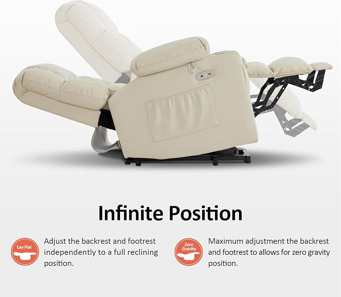 MCombo Small Dual Motor Power Lift Recliner Chair for Petite Elderly, Zero Gravity Lift Chair with Heat and Massage, Infinite Position, USB Ports,Faux Leather 7893 (Cream White, Small)