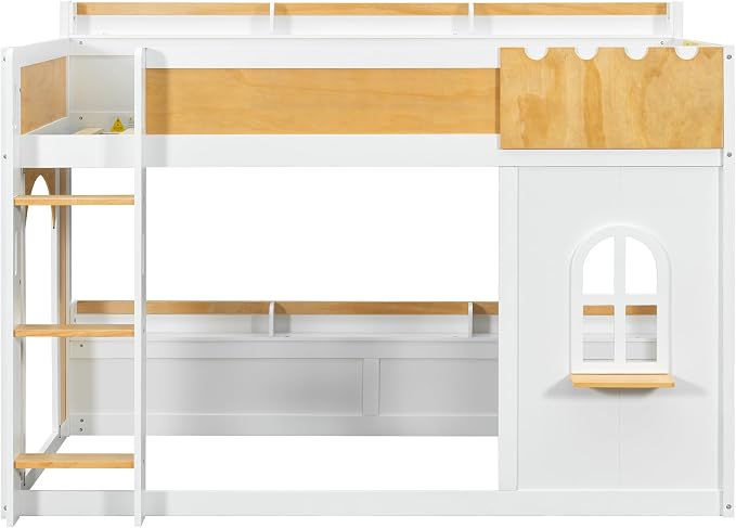Twin Over Twin Bunk Bed with Storage Shelves,Window and Two Doors,for Kids Teens Adults Use (White+Natural-Window, Twin Over Twin)