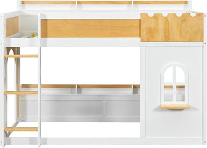Twin Over Twin Bunk Bed with Storage Shelves,Window and Two Doors,for Kids Teens Adults Use (White+Natural-Window, Twin Over Twin)