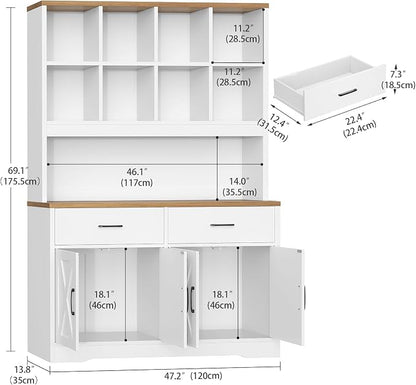 TEENFON Storage Cabinet with Doors and Drawers, Pantry Cabinets, 5 Tier Floor Standing Bookshelves, Bookshelf and Bookcase, 8 Open Storage Shelves and Printer Stand for Study, Living Room, Office