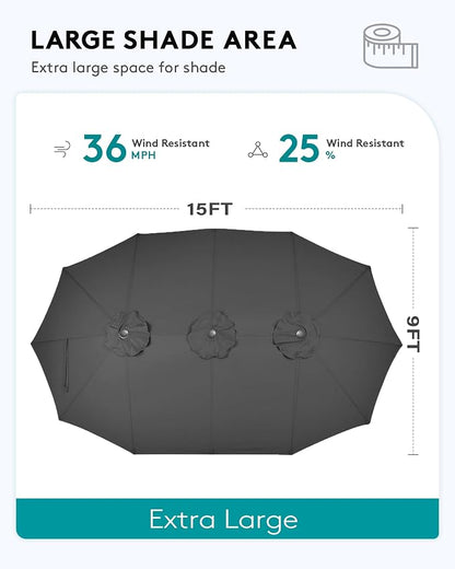 SERWALL 10-Piece Patio Dining Sets with 15FT Patio Umbrella, Grey | 60" - 83" Expandable Outdoor Dining Table and 8 HDPE Chairs, All Weather HDPE Outdoor Furniture Set