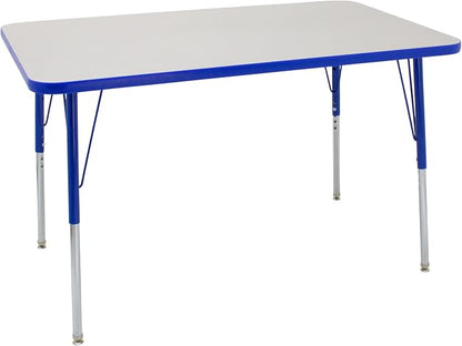 FDP Rectangle Activity School and Office Table (30 x 48 inch), Standard Legs with Swivel Glides, Adjustable Height 19-30 inches; Quick Ship Single Box - Gray Top and Blue Edge