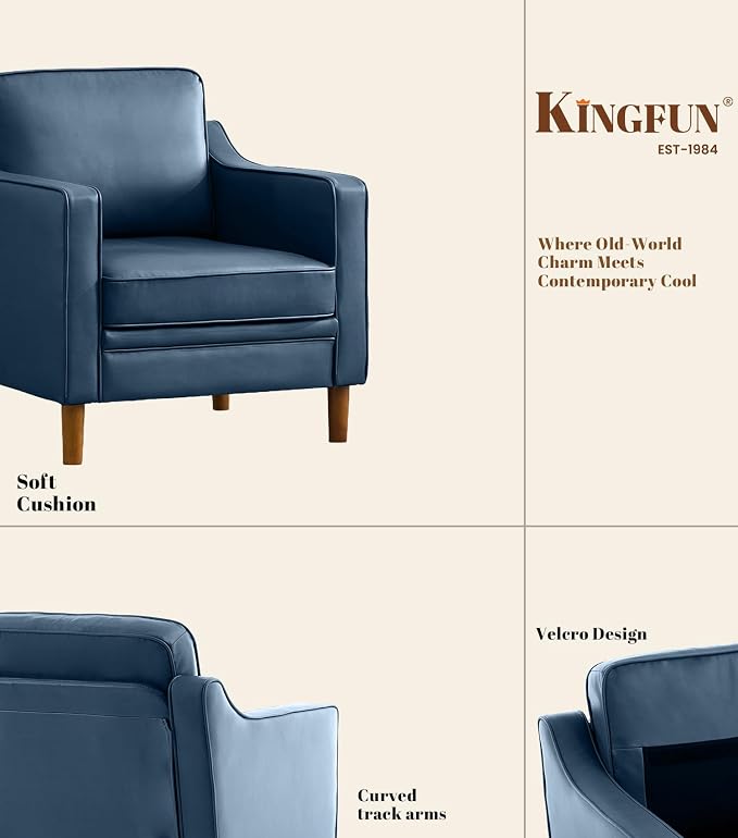 Kingfun Accent Chair, Living Room Chairs, Faux Leather Reading Armchair, Mid Century with Solid Wood Foot, Upholstered Modern Decor for Bedroom, Apartment