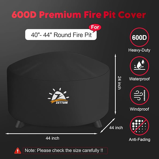 Zettum Fire Pit Cover Round 44 Inch - Outdoor Firepit Cover Heavy Duty & Waterproof, 600D Patio Fire Table Cover Gas Fire Pit Accessories Fade & Weather Resistant - 44 x 44 x 24 Inch