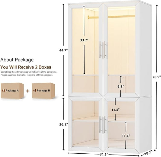 PAKASEPT Armoire Wardrobe Closet Door, Bedroom Closet Wardrobe Cabinet with Hanging Rod, Lighted Freestanding Armoire Storage Cabinet for Bedroom Cloakroom White (White&Full Glass Door)