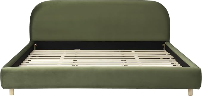Merax California King Size Teddy Fleece Thick Fabric Upholstered Platform Bed with Curved Shaped Headboard, Wood Bed Frame with Solid Round Legs for Kids Teens Adults, Olive Green