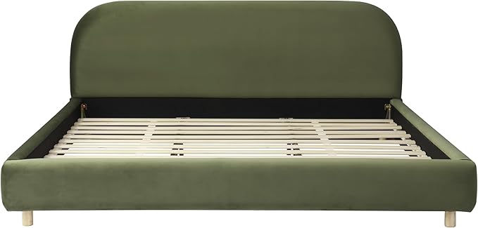 Merax King Size Teddy Fleece Thick Fabric Upholstered Platform Bed with Curved Shaped Headboard, Wood Bed Frame with Solid Round Legs for Kids Teens Adults, Olive Green