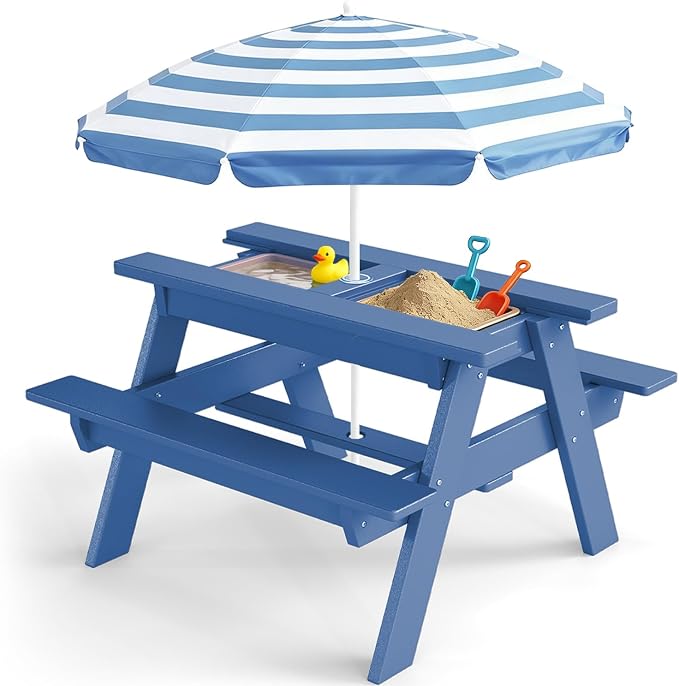 FOOWIN Kids 3-in-1 Sand & Water Table,HDPE Outdoor Convertible Picnic Table w/Detachable Tabletop, for Outdoor Backyard Patio Play Blue