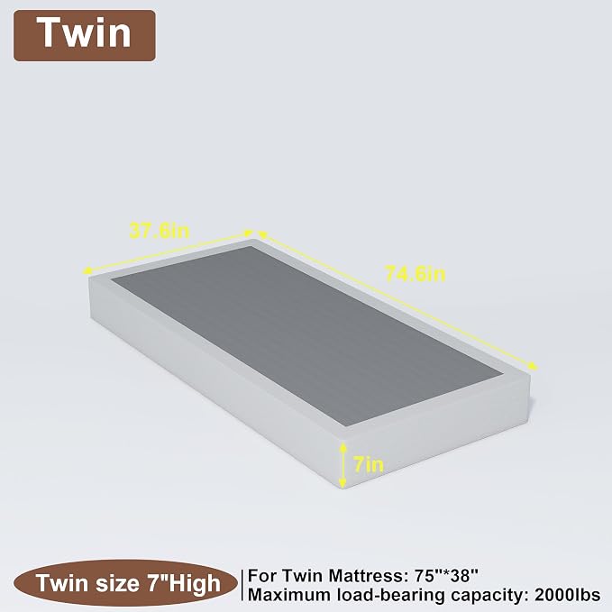FMDMR Twin Box Spring with Fabric Cover Set,7 Inch High Profile Box Spring Twin with 2500lbs Max Weight Capacity, Durable Mattress Foundation Easy Assembly, Non-Slip, Noise Free