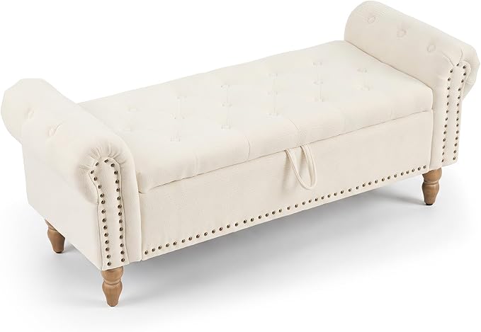 Furniliving 51” End of Bed Storage Bench, Bedroom Bench with Button-Tufted, Upholstered Storage Ottoman Benches Window Bench with Storage, Chenille Bench for Living Room, Entryway, Beige
