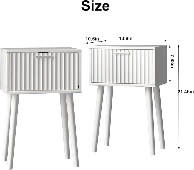 LAATOOREE Nightstands Set of 2, Small Side Table, Bedside Table with Fluted Door, Solid Wood Feet; Modern Mid-Century End Table for Bedroom, Small Space (White)
