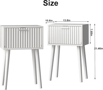 LAATOOREE Nightstands Set of 2, Small Side Table, Bedside Table with Fluted Door, Solid Wood Feet; Modern Mid-Century End Table for Bedroom, Small Space (White)