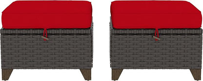 2 Pieces Patio Outdoor Ottomans with Removable and Washable Covers，PE Rattan Wicker Footstools for Porch, Garden, Sunroom (Red)