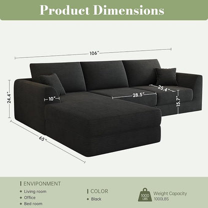 106" Modular Sectional Sofa with Reversible Chaise, Black Corduroy L-Shaped Cloud Couch for Living Room Apartment, 3-Piece Set, No Assembly Required, High-Density Supportive Foam