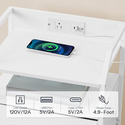 HOOBRO White Nightstand with Charging Station, End Table with 1 AC Outlet, 1 USB Port, and 1 Type-C Port, Bedside Table with LED Light Strip and 3 Non-Woven Drawers, for Bedroom, White WT013UDBZ01