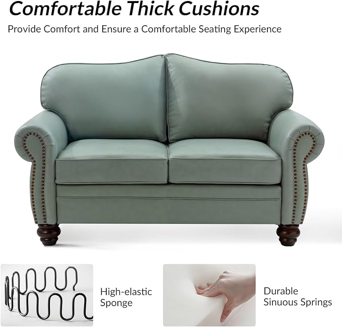 60" Wide Genuine Leather Chesterfield Loveseat, 2 Seat Leather Sofa with Rolled Arms, Nailhead Trim for Living Room Furniture, Easy Assembly – Sage