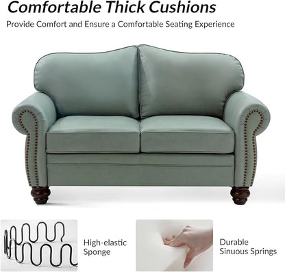 60" Wide Genuine Leather Chesterfield Loveseat, 2 Seat Leather Sofa with Rolled Arms, Nailhead Trim for Living Room Furniture, Easy Assembly – Sage