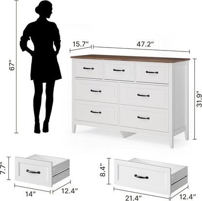 Gizoon 3 Piece Bedroom Furniture Set, 7 Modern Farmhouse DrawerDresser and 2 Nightstands with Charging Station
