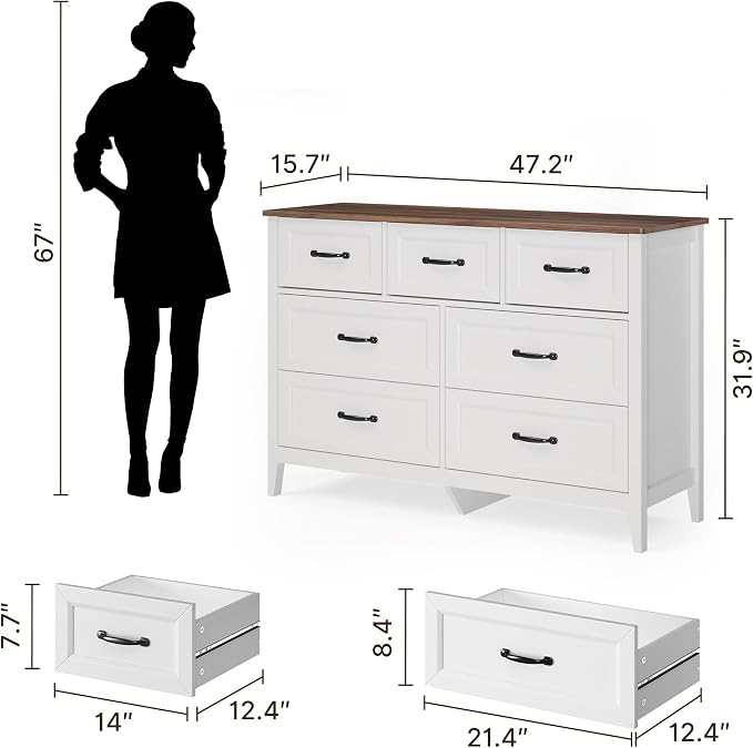 Gizoon 3 Piece Dresser Set, 5 Drawer Dresser + 6 Chest + 7 Chest of Drawer, Farmhouse Bedroom Furniture Set, with Retro Top, Black Handles, Anti-tip, Organizer for Bedroom, Living Room