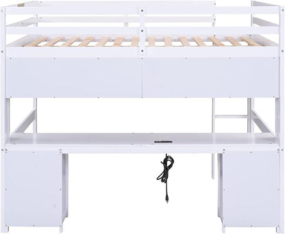 Full Size Loft Bed with Desk, Storage Cabinets, Drawers and Bedside Tray, Multifunctional Full Beds with Plug Outlets & 2 USB Port, White