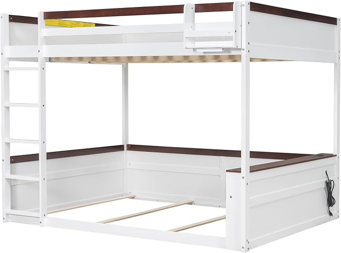 RUNNA Queen Bunk Bed with Shelves,Storage Box,LED,USB Charging,White | Queen bunk bed with shelves, storage box,LED light,USB charging, solid wood frame,guardrails,no box spring needed,white