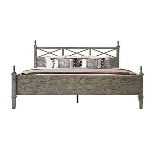 Queen Size Platform Bed Frame with Solid Wood Headboard & Footboard, Metal Legs, 12 Durable Slatted Base, No Box Spring Needed, Easy Assembly, Noise-Free & Anti-Slip, Weathered Gray Oak Finish RIQ-34