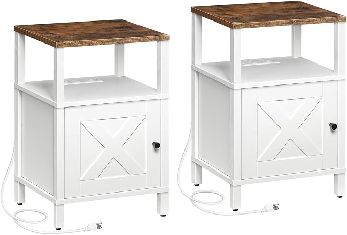 MAHANCRIS Set of 2 Farmhouse Nightstand with Charging Station, Barn Door End Table with USB Ports and Storage Cabinet, Bedside Table for Bedroom, Small Space, White and Rustic Brown ETRW96E01S2