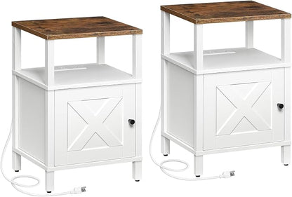 MAHANCRIS Set of 2 Farmhouse Nightstand with Charging Station, Barn Door End Table with USB Ports and Storage Cabinet, Bedside Table for Bedroom, Small Space, White and Rustic Brown ETRW96E01S2