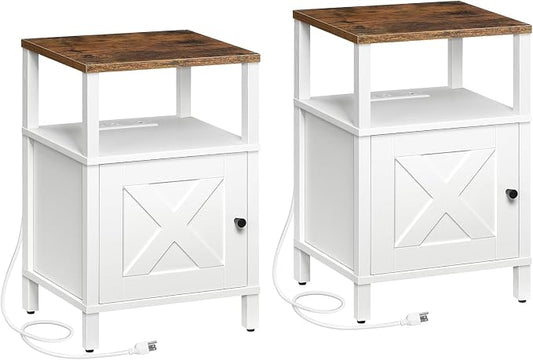 MAHANCRIS Set of 2 Farmhouse Nightstand with Charging Station, Barn Door End Table with USB Ports and Storage Cabinet, Bedside Table for Bedroom, Small Space, White and Rustic Brown ETRW96E01S2