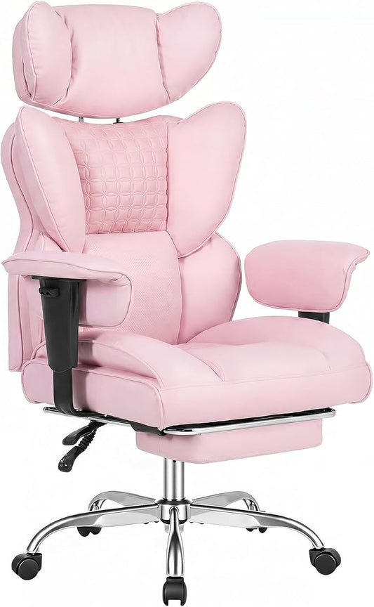 DUMOS Big and Tall Home Office Desk Chair, Ergonomic Executive Chair with Footrest, Computer Gaming Chairs with High Back Reclining, Adjustable Armrests and Comfy Lumbar Support, PU Leather, Pink