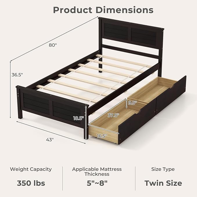 Giantex Wood Twin Bed with 2 Storage Drawers, Solid Wood Platform Bed with Headboard, Wooden Slats Support Mattress Foundation, No Spring Needed, Twin Bed Frame for Kids, Teens, Adults, Espresso