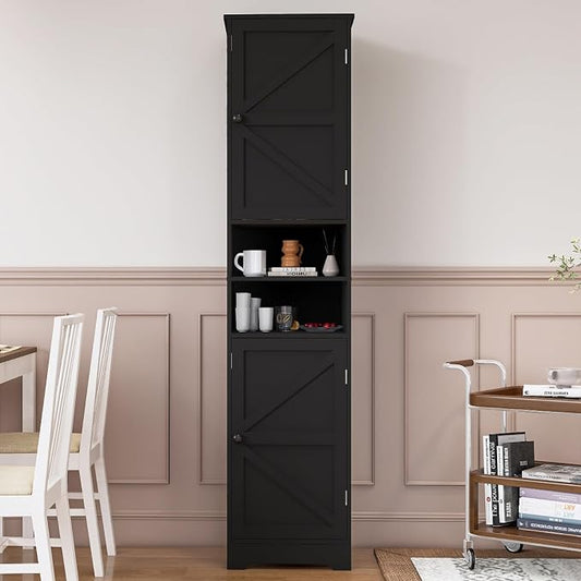 Viaozutis Tall Bathroom Storage Cabinet, Slim Freestanding Cabinet with Adjustable Shelves, Vertical Storage Organizer for Small Bathrooms, Toilet Paper & Daily Essentials Storage Black