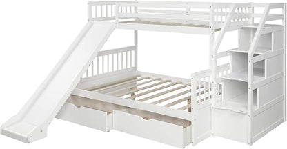 Solid Wood Twin Over Full Bunk Bed with Slide, Drawers, 4 Stair, Three Storage Grids and Full Length Guardrail, Multifunction play house Bunk Bed for Kids/Adults, No Box Spring Needed (White+ss)