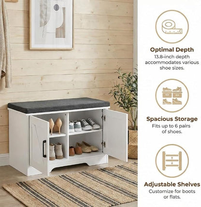 HOMSHO Farmhouse Shoe Storage Bench with 2 Barn Doors & Padded Seat Cushion | 27.6" Wide Entryway Bench with Adjustable Shelves & Hidden Storage, White