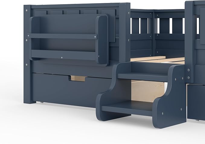 Bellemave Queen Bed with Storage Drawers & Bookshelf, Low Profile Kids Bed Frame with Staircase & Full Length Guardrails, Solid Wood Queen Bed for Kids with Slats Load 550LBS, Easy Assembly, Blue