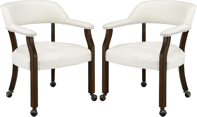 LEEMTORIG Set of 2 Dining Chairs with Casters and Arms, Large Rolling Dining Chairs with Wheels, Poker Chairs, Solid Wood Boss Caption's Chairs, 26"Dx25.2"Wx31.5"H, Espresso Legs & Ivory PU SY-318-WT