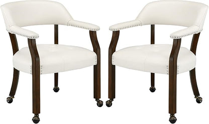LEEMTORIG Set of 2 Dining Chairs with Casters and Arms, Large Rolling Dining Chairs with Wheels, Poker Chairs, Solid Wood Boss Caption's Chairs, 26"Dx25.2"Wx31.5"H, Espresso Legs & Ivory PU SY-318-WT