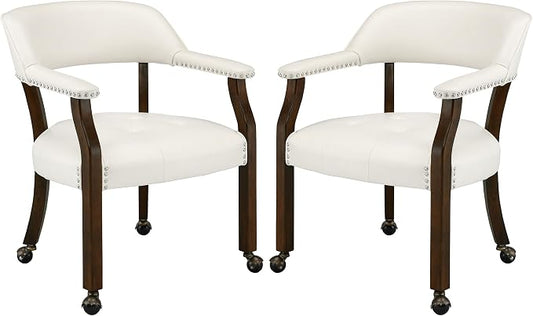 LEEMTORIG Set of 2 Dining Chairs with Casters and Arms, Large Rolling Dining Chairs with Wheels, Poker Chairs, Solid Wood Boss Caption's Chairs, 26"Dx25.2"Wx31.5"H, Espresso Legs & Ivory PU SY-318-WT