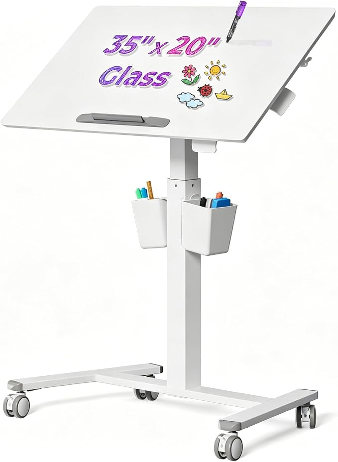 35" Glass Mobile Standing Desk with 90° Tilt, Rolling Whiteboard on Wheels | Height Adjustable Portable Drafting Table with Storage, Small Foldable Laptop Desk for School Home Office, White