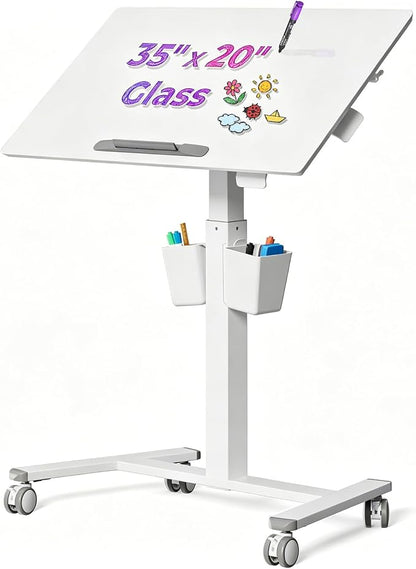 35" Glass Mobile Standing Desk with 90° Tilt, Rolling Whiteboard on Wheels | Height Adjustable Portable Drafting Table with Storage, Small Foldable Laptop Desk for School Home Office, White