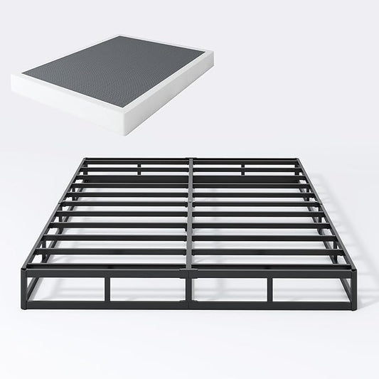 SHLAND Queen Box Spring 7 Inch Low Profile Queen Size Bed Base, 3000 lbs Black Heavy Duty Metal Mattress Foundation with Easy Clean Fabric Cover, Easy Assembly