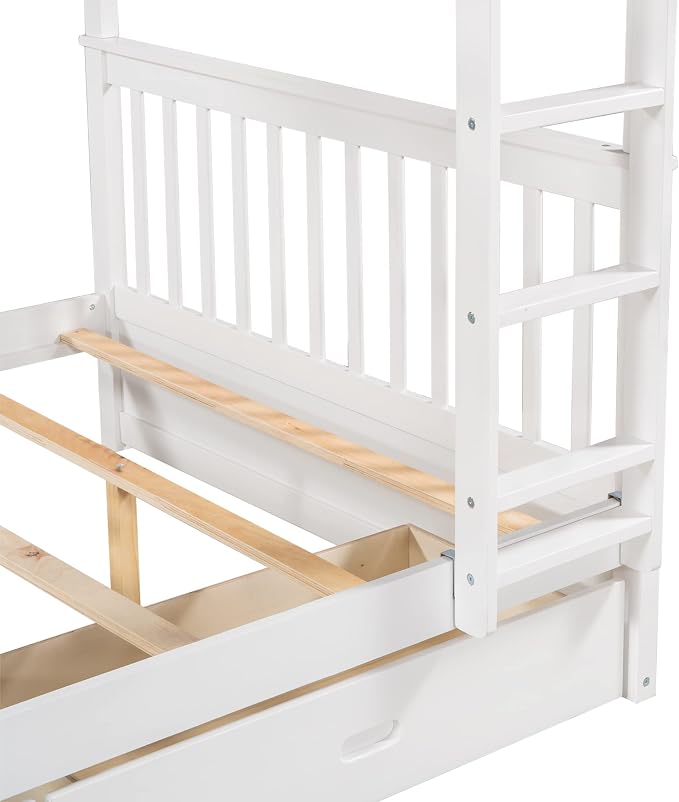 Merax Full-Over-Full Bunk Bed with Two Storage Drawers, Solid Wood Full Size Bunk Bed with Guardrail and Removable Ladder, Can be Converted Into 2 Separate Beds, White