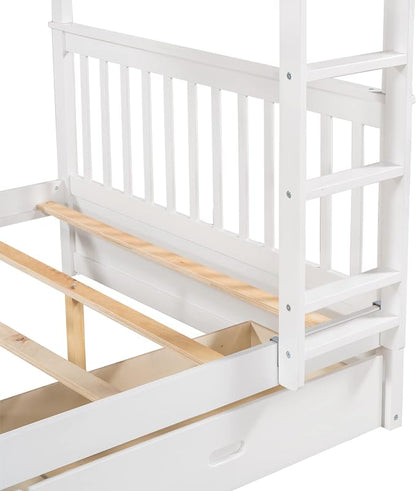 Merax Full-Over-Full Bunk Bed with Two Storage Drawers, Solid Wood Full Size Bunk Bed with Guardrail and Removable Ladder, Can be Converted Into 2 Separate Beds, White