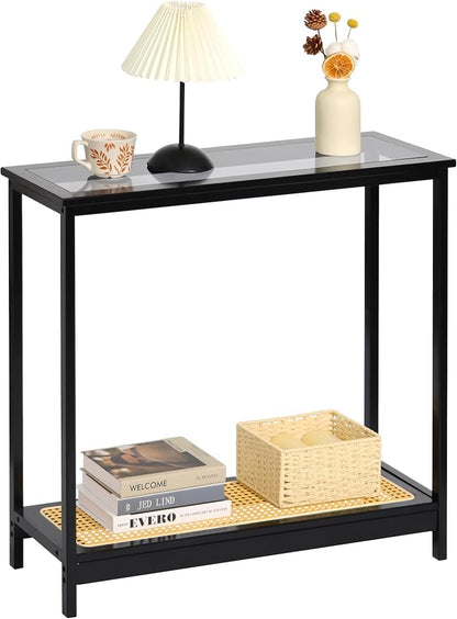 Bamboo Narrow Console Table, 31.5"(L) Wood Small Entryway Table with Rattan and Glass, Accent Slim Hallway Tables, Thin Sofa Side Tables for Hallway, Living Room, Bedroom, Foyer, Black