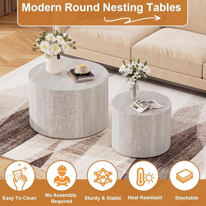 Round Nesting Coffee Table Set of 2 Modern Small Round Travertine Coffee Tables Travertine End Side Table Circle Nested Coffee Tables for Living Room (Travertine B)
